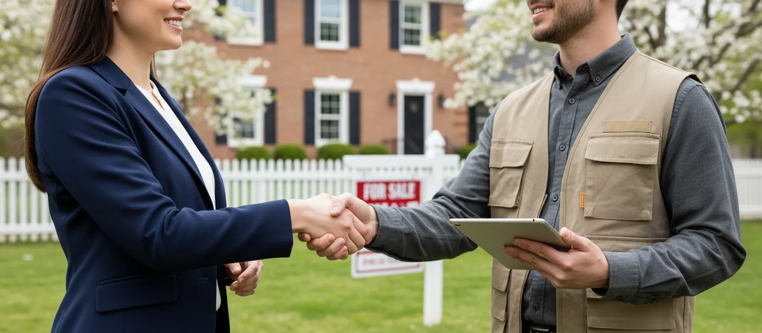 A realtor and inspector shaking hands in front of a home.